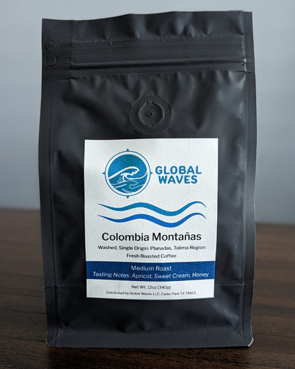 Global Waves single origin Colombia Montañas coffee comes from a local family farm in the mountains near Planadas, Colombia. It features  a smooth body and a delectably complex flavor highlighting notes of apricot and honey.
