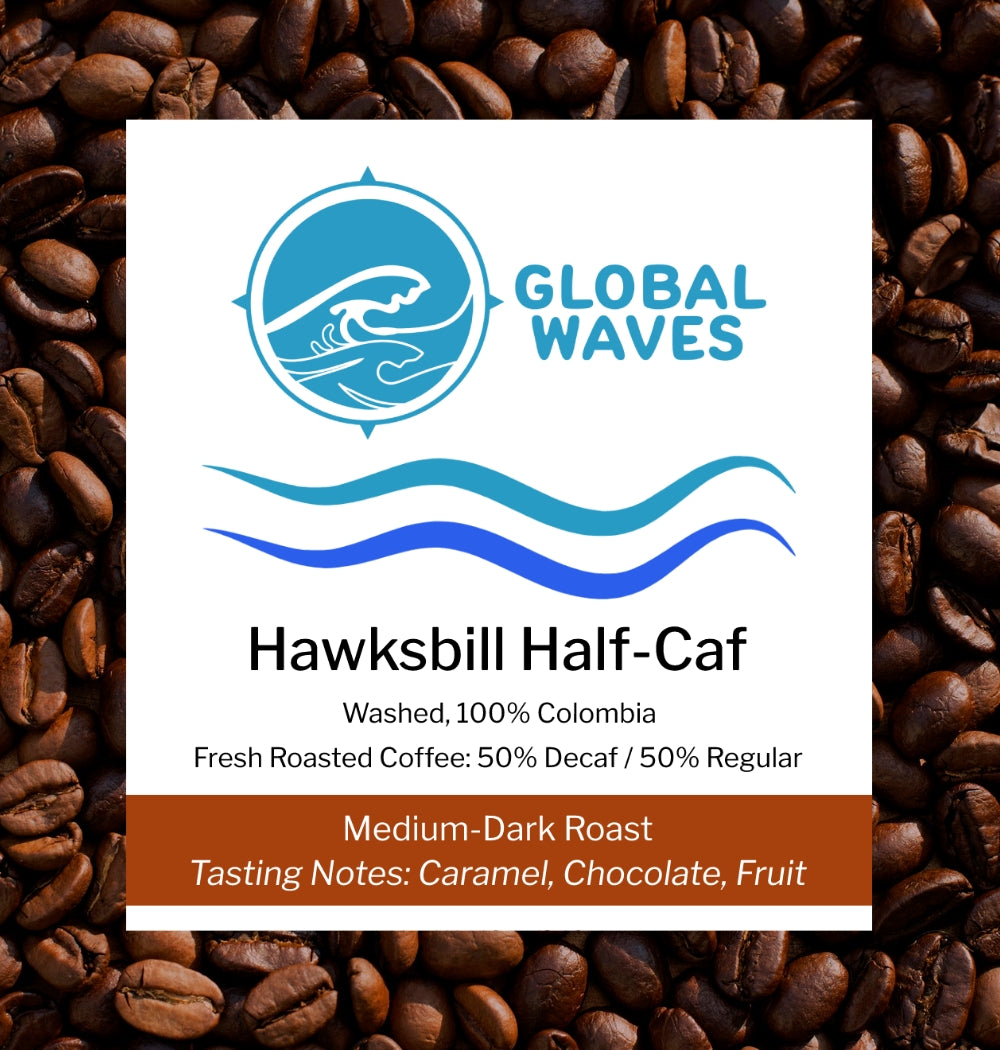 Hawksbill Half-Caf Blend is an amazing blend of 50% decaf and 50% regular coffee - for half the caffeine and all the flavor! Featuring 100% premium Colombian coffee, this delicious roast has highlights of caramel, chocolate, and fruit.