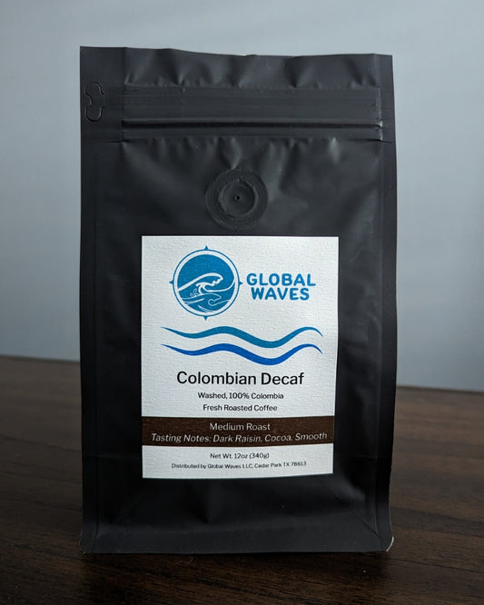 Global Waves Colombian Decaf has all the great characteristics of regular coffee and features a delicious cocoa and dark raisin tasting profile. 