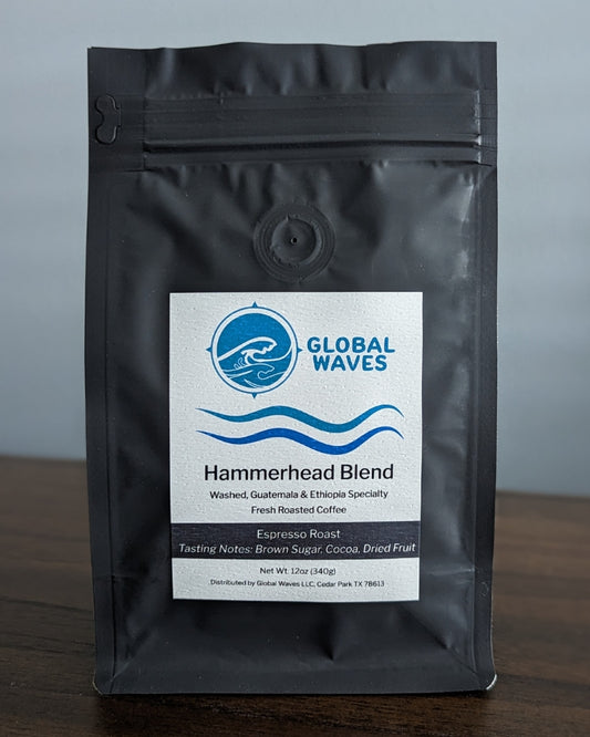 Global Waves Hammerhead Blend features a fusion of premium coffees from high altitude regions of Guatemala and Ethiopia. This unique mix and custom roast give it the perfect balance of a rich cocoa body, dried fruit, and brown sugar notes.